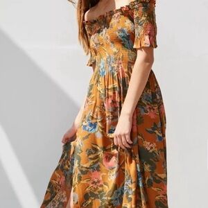 Urban Outfitters Kimchi Blue Orange floral Off-The-Shoulder Midi Dress